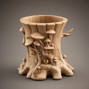 Natural wood finish tree stump planter with gold cup