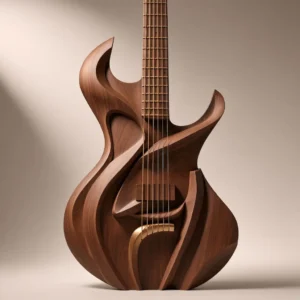 Artistic sculptural electric guitar in rich walnut wood, organic flowing design for CNC carving