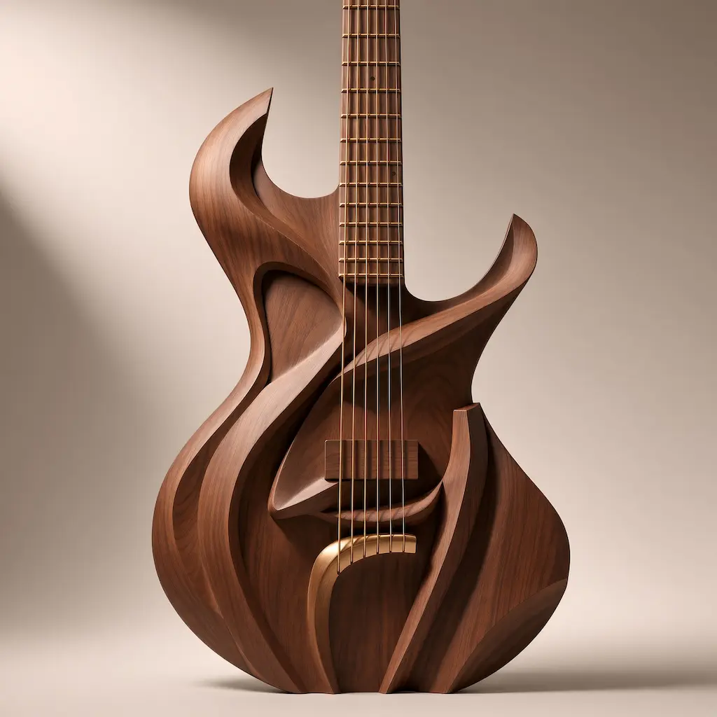 Artistic sculptural electric guitar in rich walnut wood, organic flowing design for CNC carving