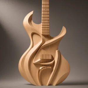 Side view of sculptural electric guitar showing elegant curves and wood grain