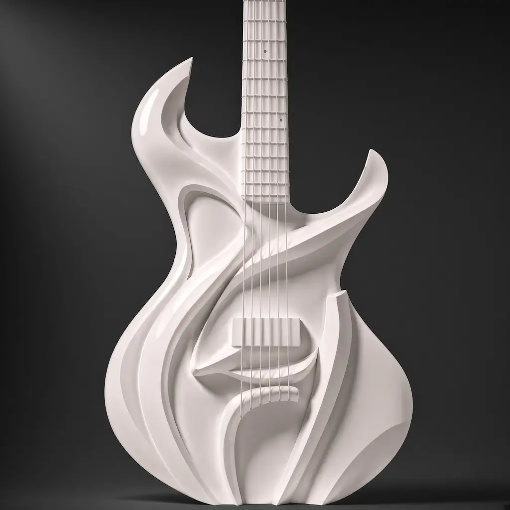 White prototype render of artistic electric guitar 3D model
