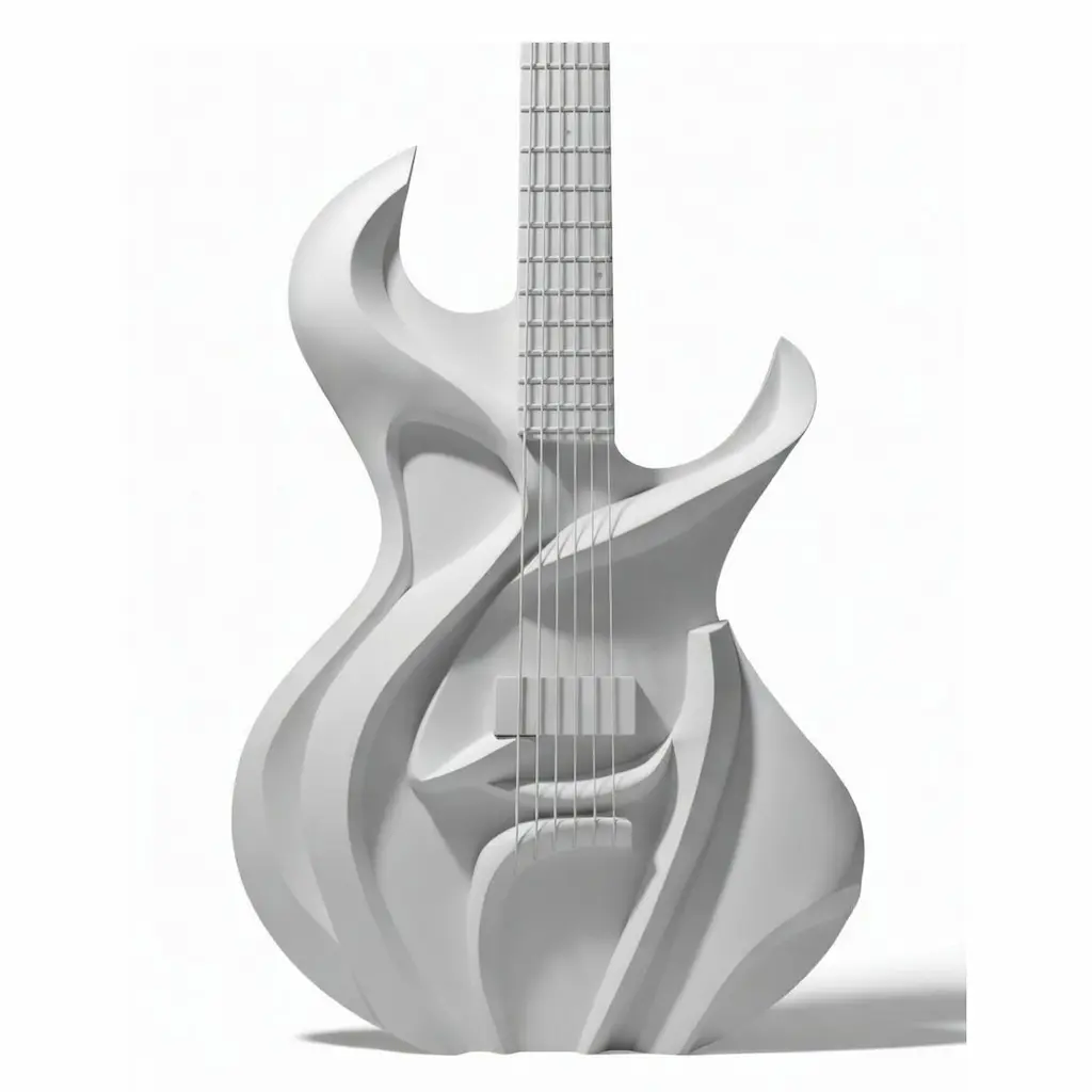Close-up detail of sculptural guitar body and neck transition