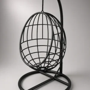 Black NIDO Egg Chair with wireframe basket suspended from curved stand and circular base