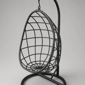Black AURA Egg Chair with teardrop wireframe basket suspended from curved stand and circular base