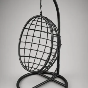 Main image ALT text:** Black CÁPSULA Egg Chair with dense wireframe basket suspended from curved stand and circular base