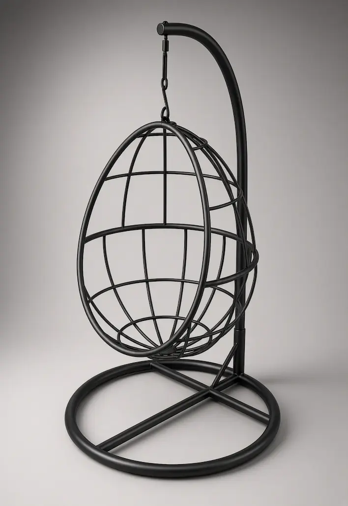 Black ÓRBITA Egg Chair with wireframe basket suspended from curved stand and circular base